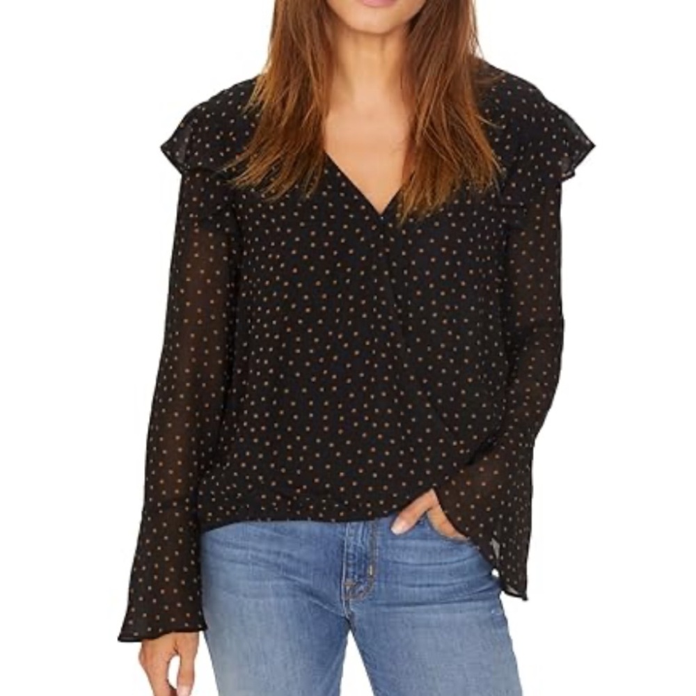 Sanctuary Cori Ruffle Wrap‎ Front Polka Dot Blouse Black Plus Size 2X